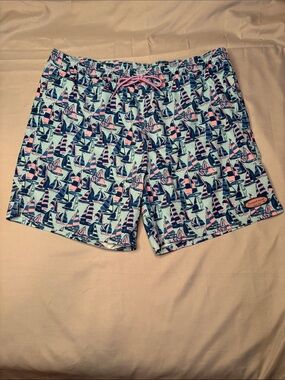 Vineyard Vines Men’s Light Blue, Navy & Pink Sailboat Swim Trunks Size XL